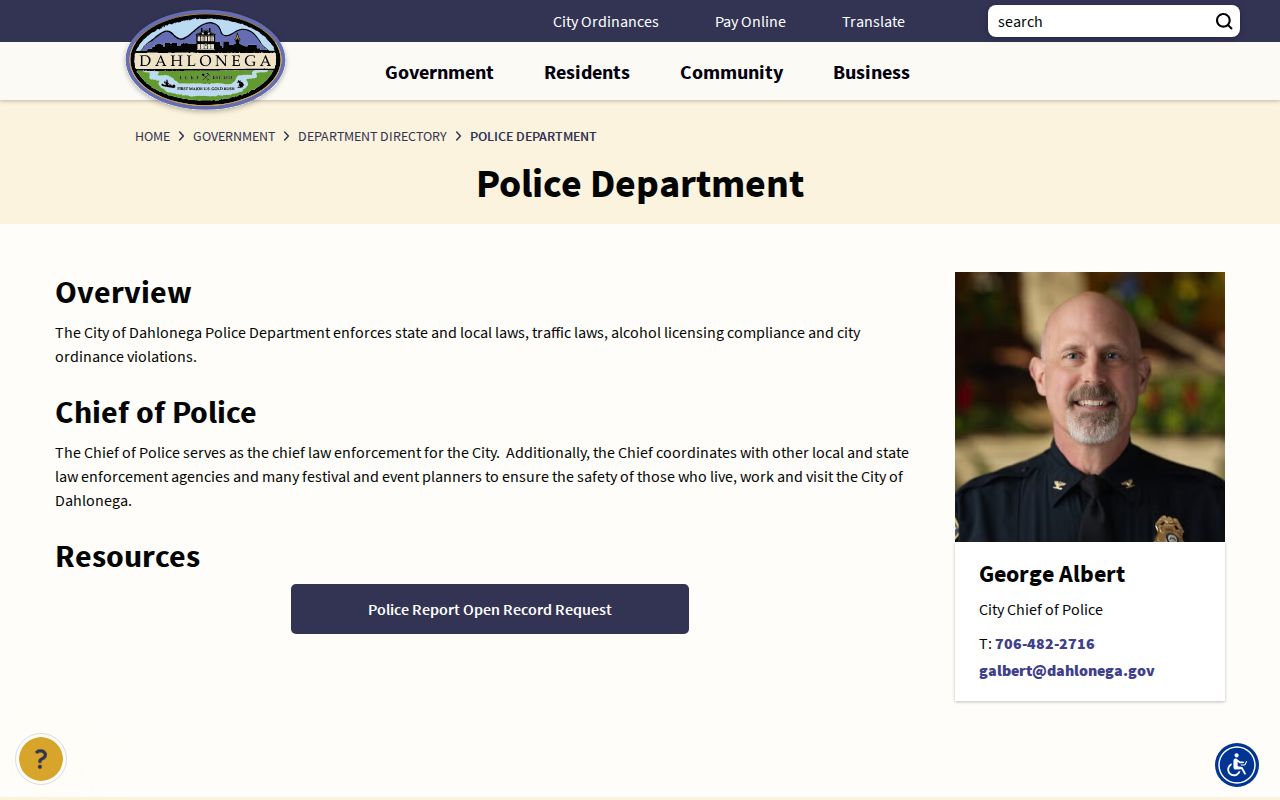 Dahlonega criminal records contact at the Police Department