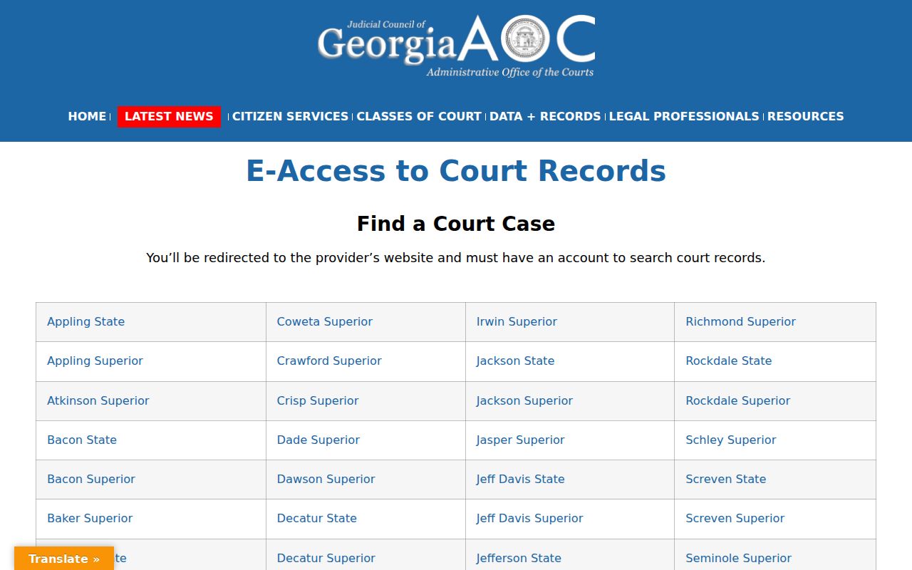 Georgia E-Access directory for Lumpkin County criminal court cases
