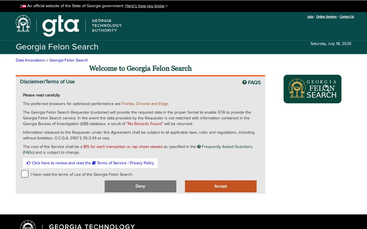 Lumpkin County criminal history Georgia Felon Search interface